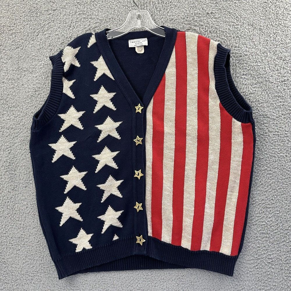 Vintage Sweater Loft Women 2X Button Up Vest Knit Cotton American Flag Retro USA